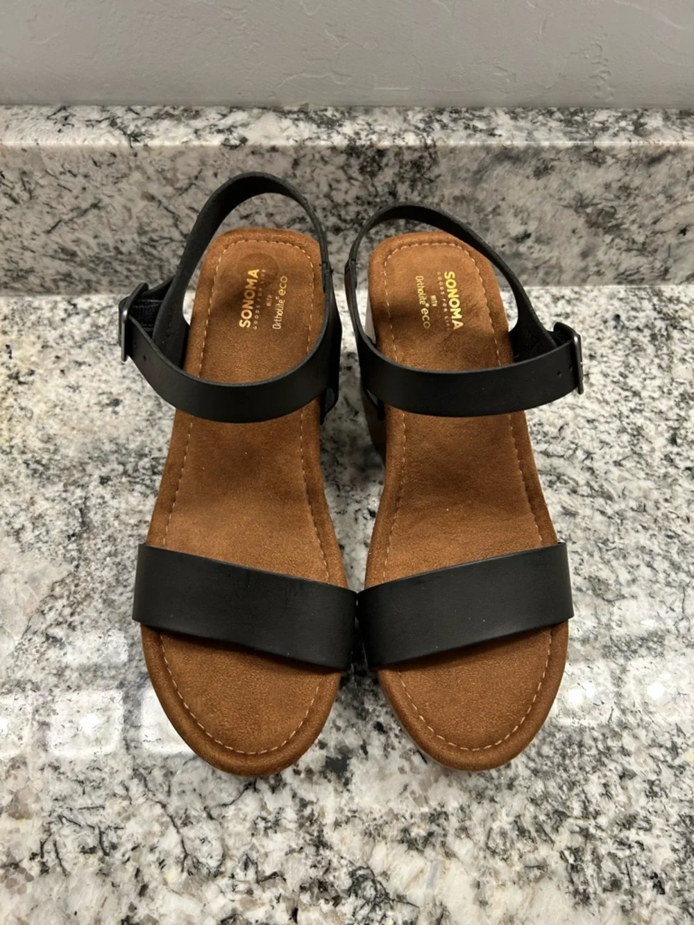 SONOMA GOODS FOR LIFE ORTHOLITE ECO STYLE FLORELLA BLACK WEDGE SANDALS 7.5
